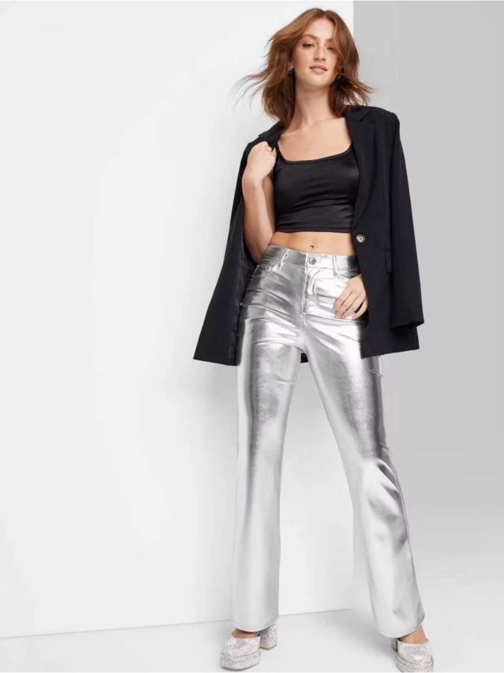 Women's High-Rise Metallic Pink Flare Pants - Wild Fable